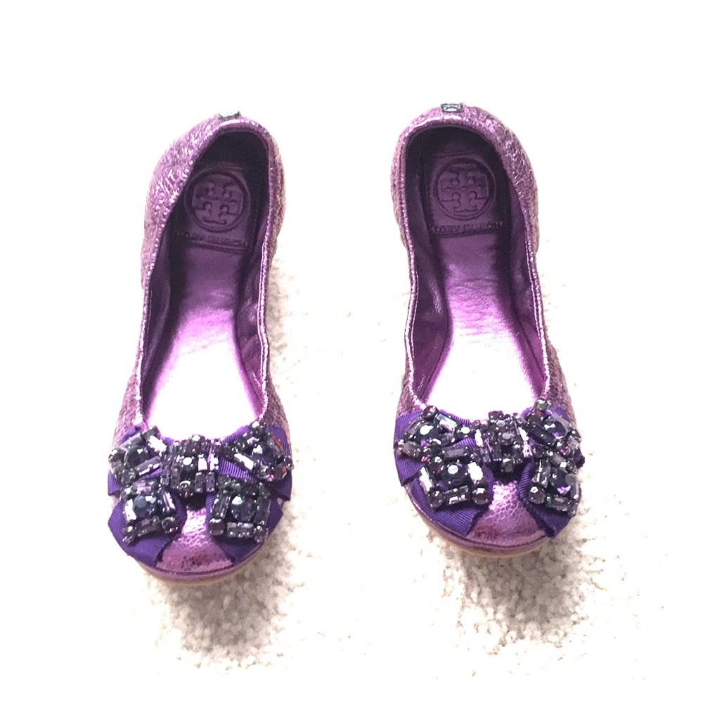 GENTLY LOVED PURPLE  TORY BURCH METALLIC EMBELLISHED BALLET FLATS